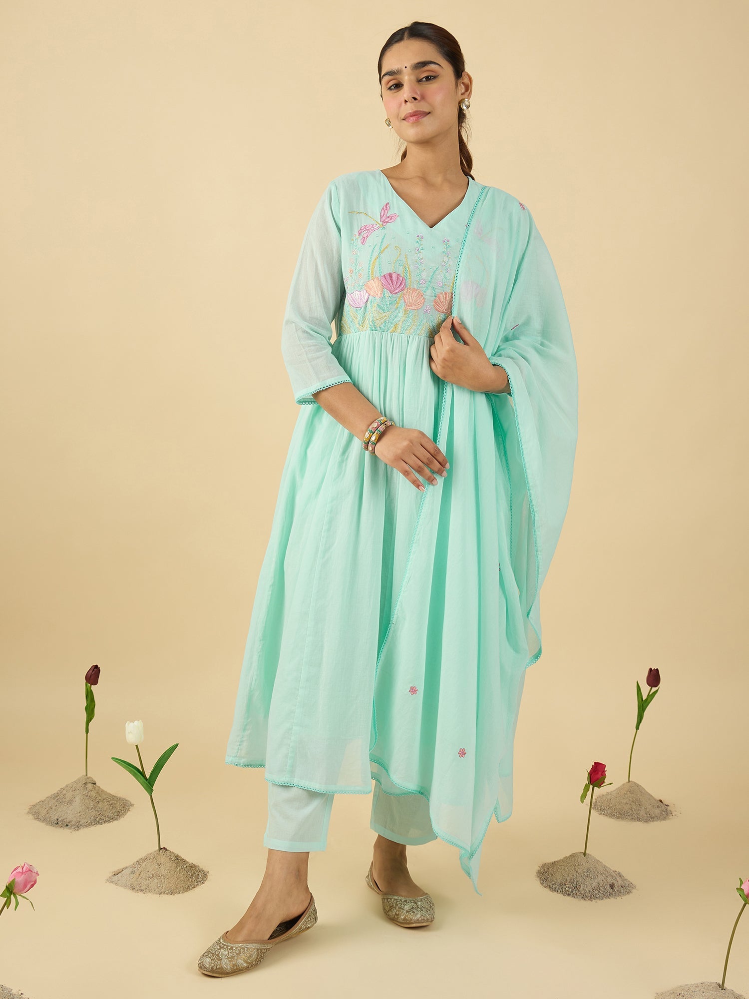 Blue Embroidered A-Line Kurta Trousers With Dupatta Set5