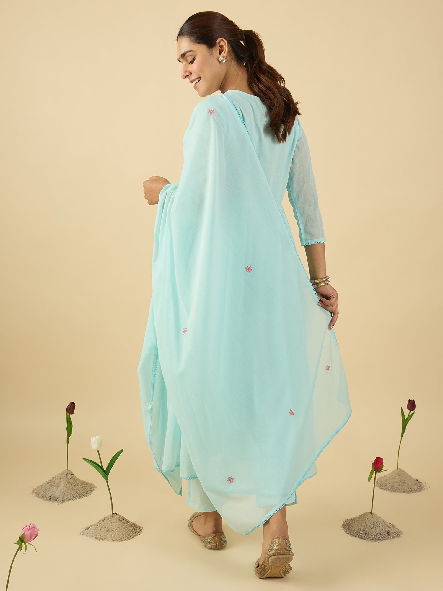 Blue Embroidered A-Line Kurta Trousers With Dupatta Set6