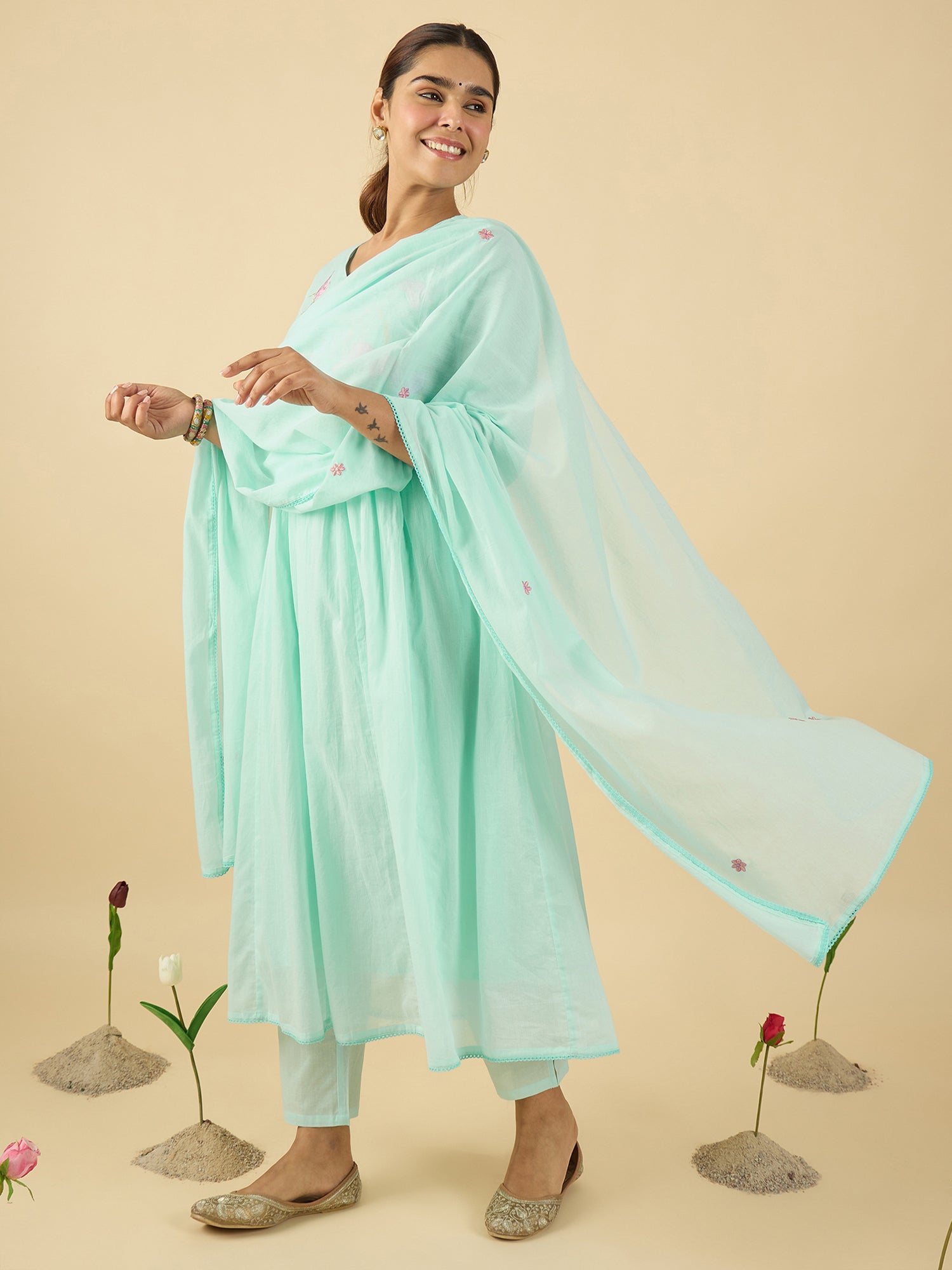 Blue Embroidered A-Line Kurta Trousers With Dupatta Set4