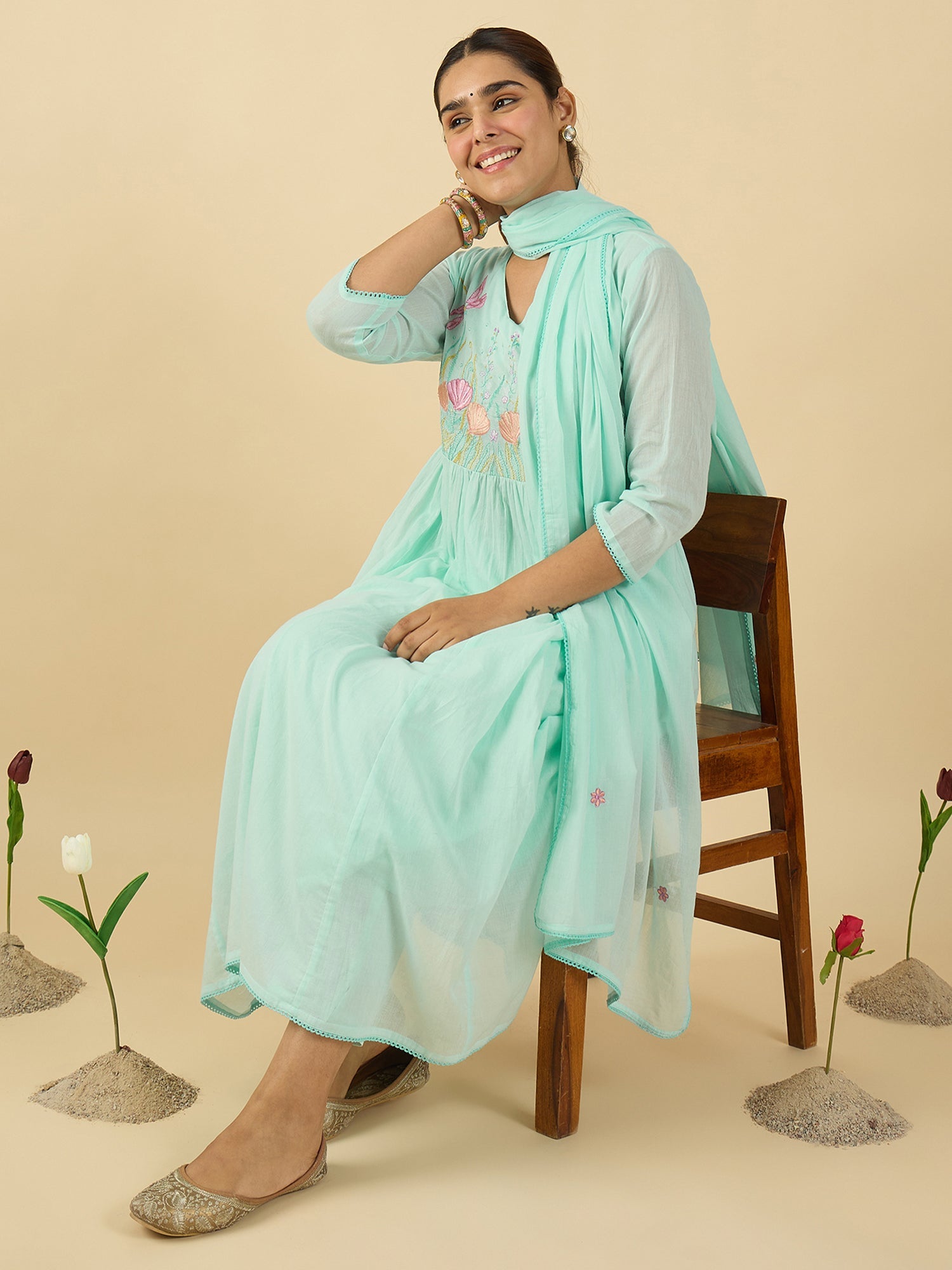 Blue Embroidered A-Line Kurta Trousers With Dupatta Set2