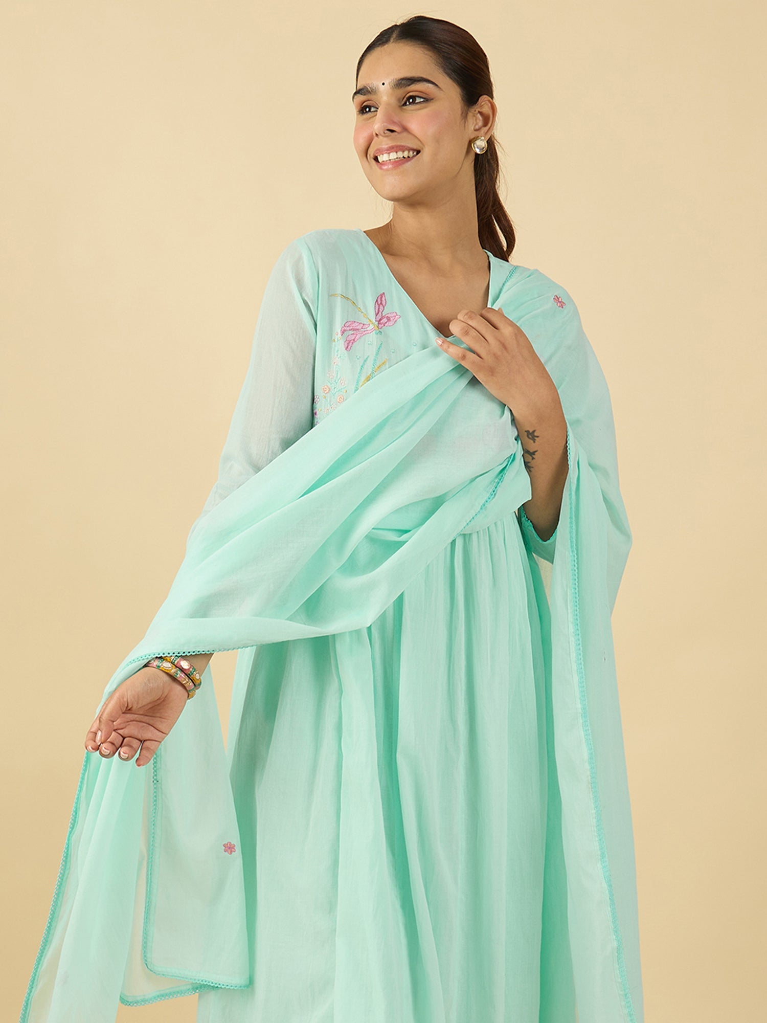 Blue Embroidered A-Line Kurta Trousers With Dupatta Set3