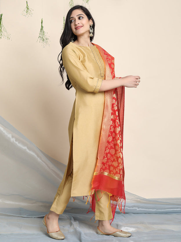 Gold Poly Silk Solid Kurta with Pant and Dupatta