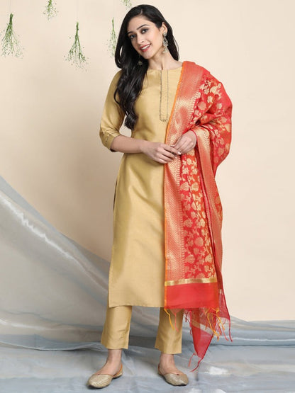 Gold Poly Silk Solid Kurta with Pant and Dupatta