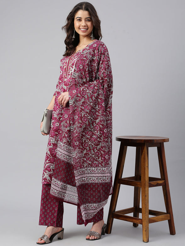 Wine Cotton Floral Print Kurta with Palazzo and Dupatta