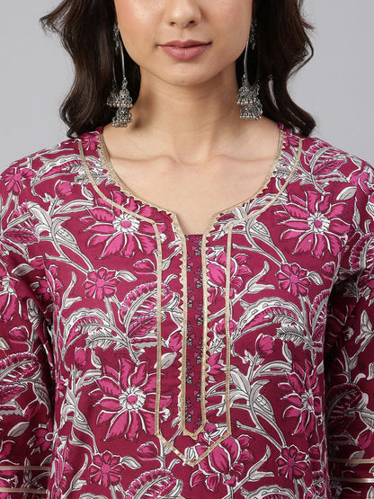 Wine Cotton Floral Print Kurta with Palazzo and Dupatta