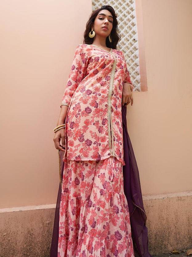 Peach Georgette Digital Floral Printed Kurta with Sharara and Dupatta