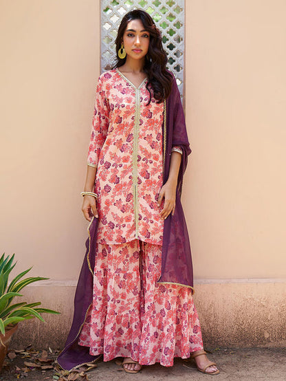 Peach Georgette Digital Floral Printed Kurta with Sharara and Dupatta