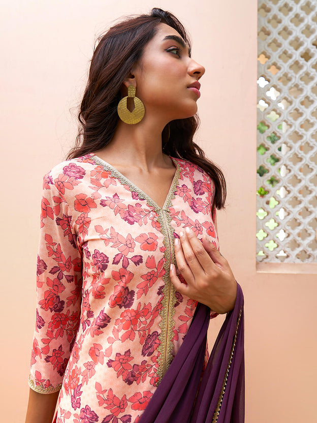 Peach Georgette Digital Floral Printed Kurta with Sharara and Dupatta