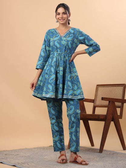 Dark Blue Cotton Paisley Flared Summer Coord Set for Women