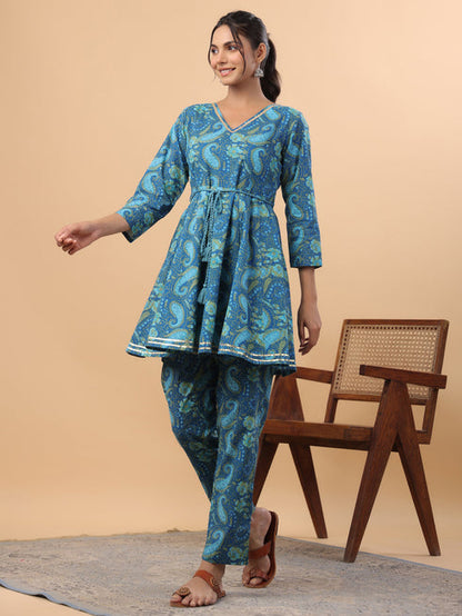 Dark Blue Cotton Paisley Flared Summer Coord Set for Women