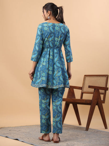 Dark Blue Cotton Paisley Flared Summer Coord Set for Women