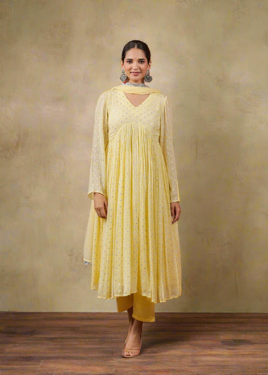Myror Yellow colored anarkali suit set for festive wedding wear. Amazon sale, Myntra sale, Flipkart sale, Myror sale 