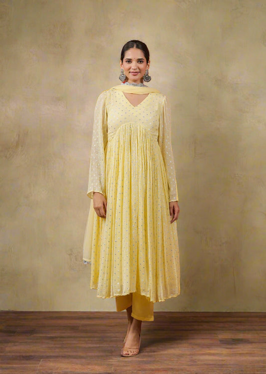 Myror Yellow colored anarkali suit set for festive wedding wear. Amazon sale, Myntra sale, Flipkart sale, Myror sale 