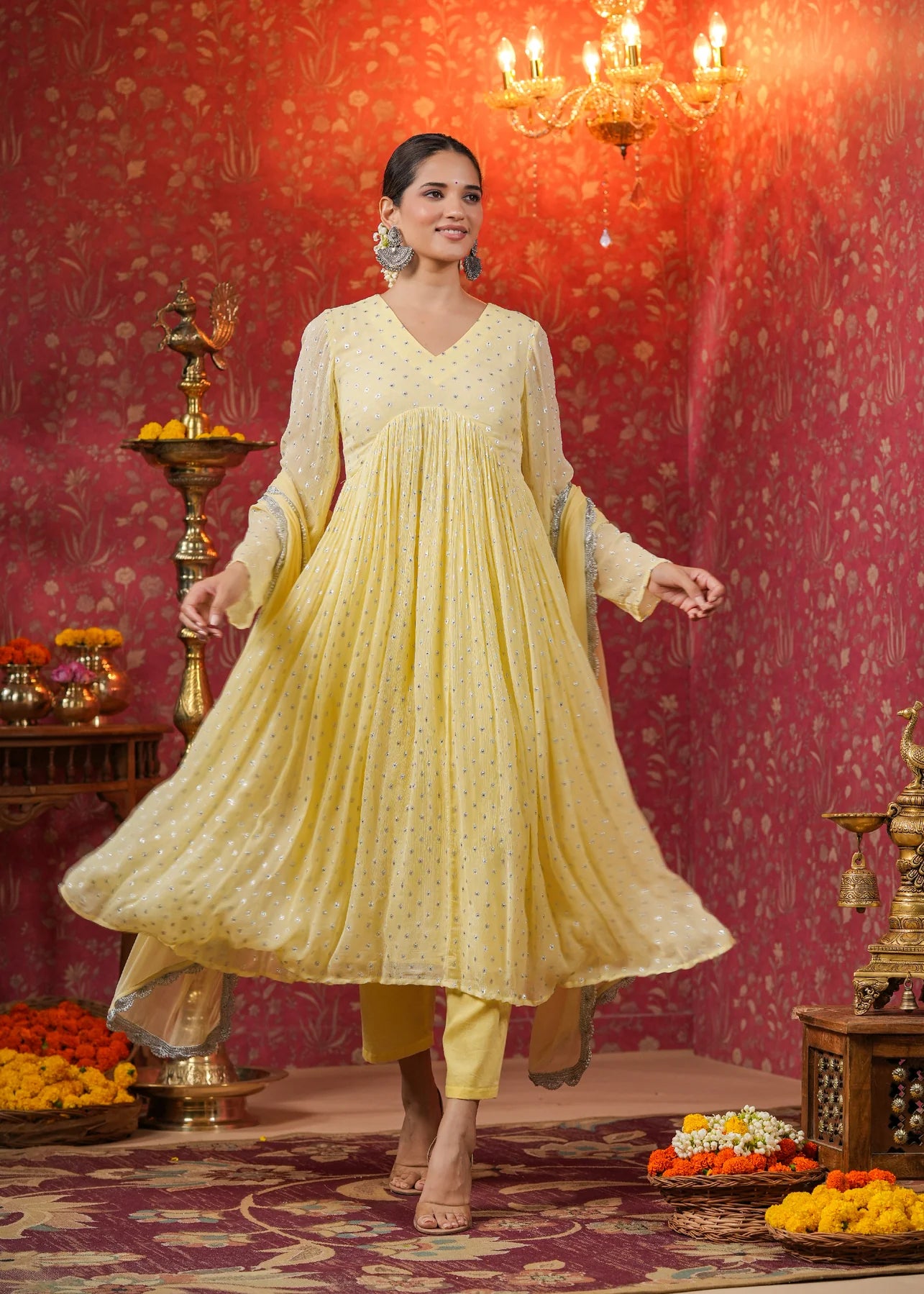 Myror Yellow colored anarkali suit set for festive wedding wear. Amazon sale, Myntra sale, Flipkart sale, Myror sale 