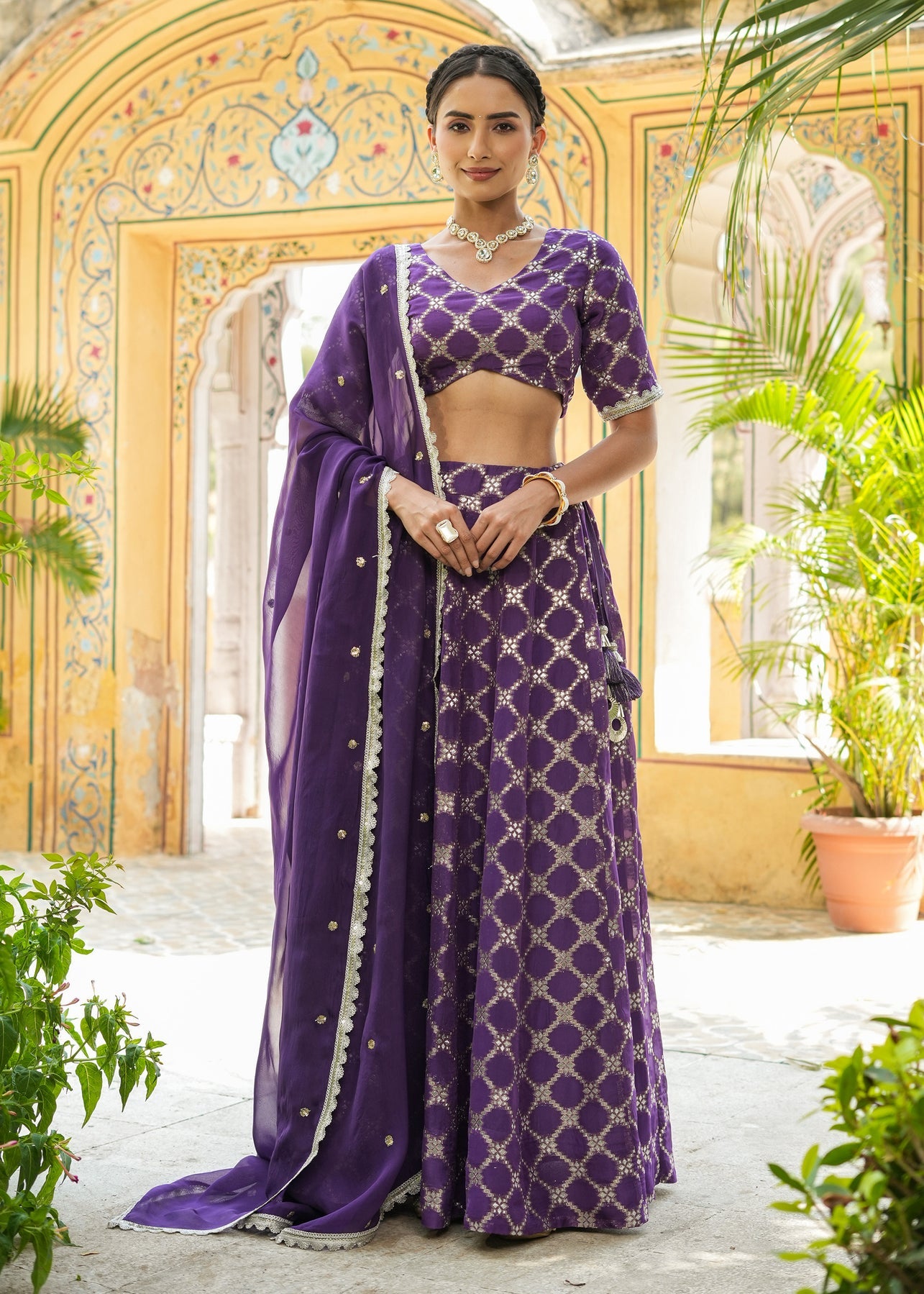 Readymade fully stitched Purple Organza Jacquard Lehenga set with blouse and dupatta