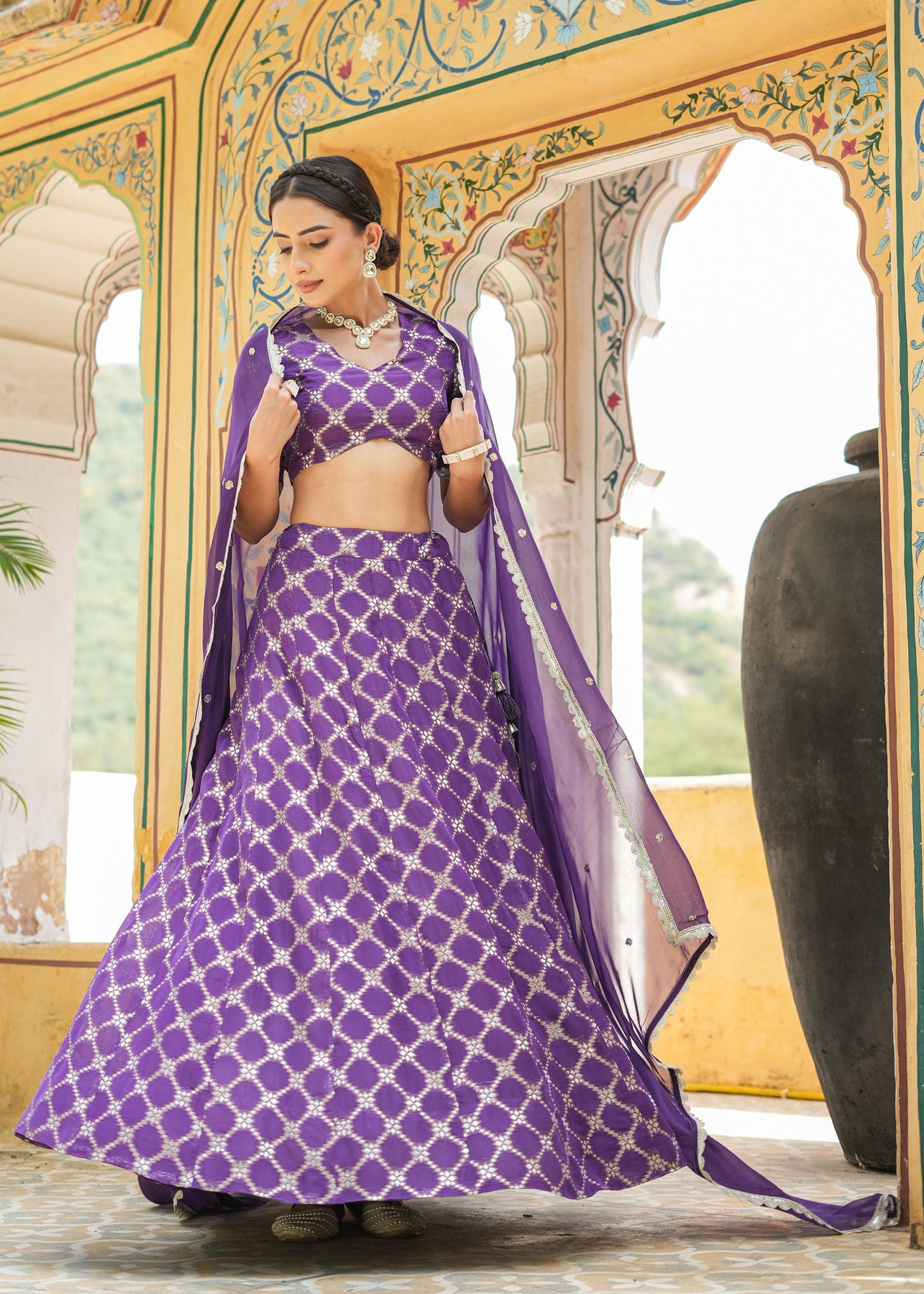 Readymade fully stitched Purple Organza Jacquard Lehenga set with blouse and dupatta