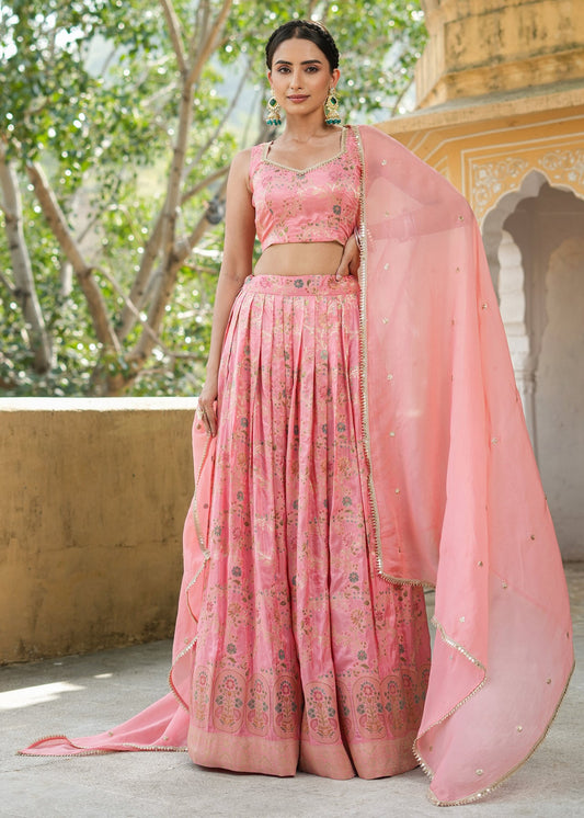 Readymade fully stitched Pink Ethnic Motifs Woven Design Lehenga & Blouse With Dupatta