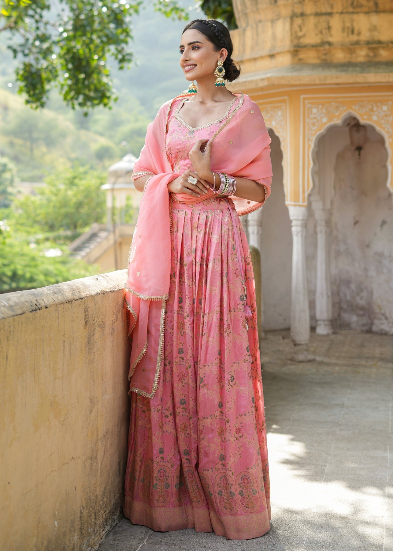 Readymade fully stitched Pink Ethnic Motifs Woven Design Lehenga & Blouse With Dupatta