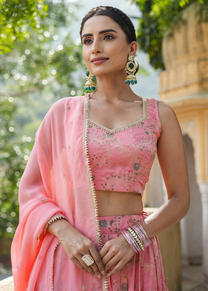 Readymade fully stitched Pink Ethnic Motifs Woven Design Lehenga & Blouse With Dupatta