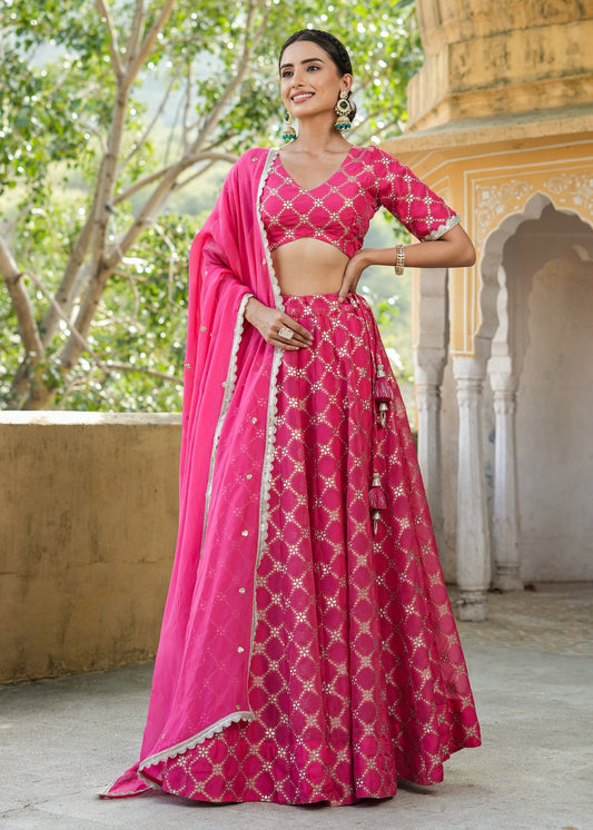 Readymade fully stitched Pink lace and mirror work lehenga