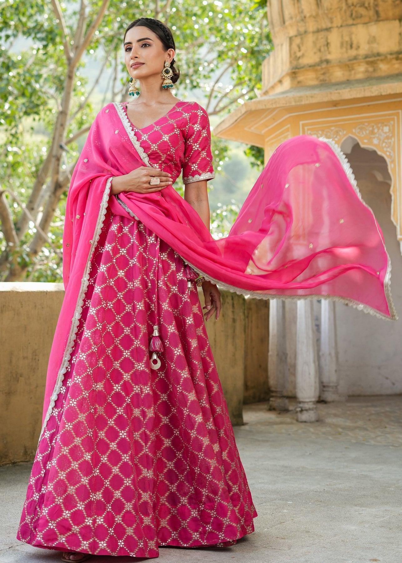 Readymade fully stitched Pink lace and mirror work lehenga