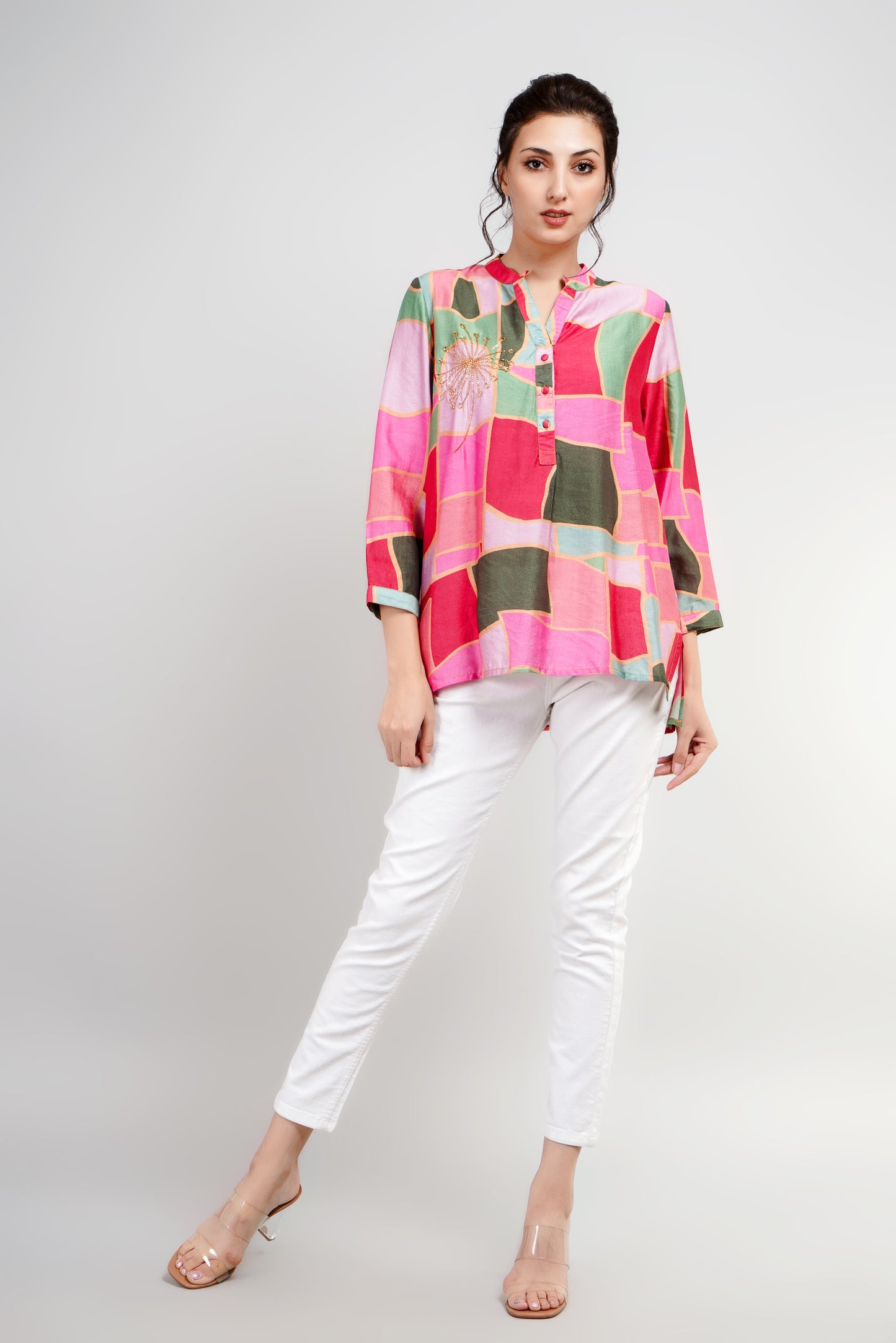 Bright Multicolored Buttoned Shirt with Embroidery for a cool casual look