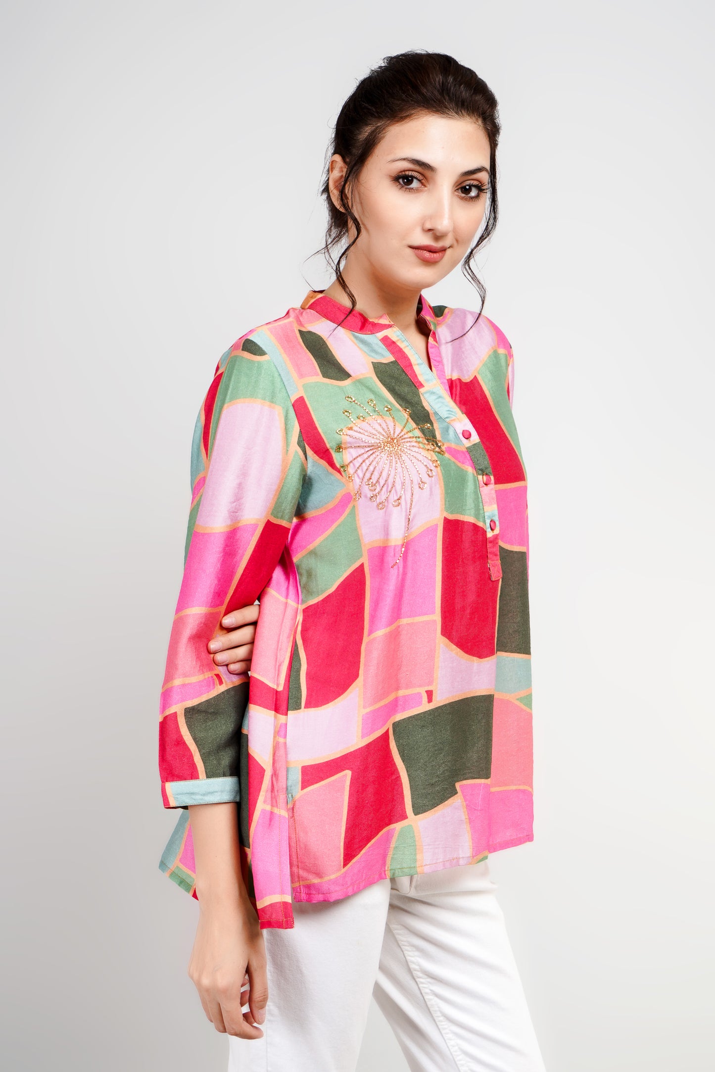 Bright Multicolored Buttoned Shirt with Embroidery for a cool casual look