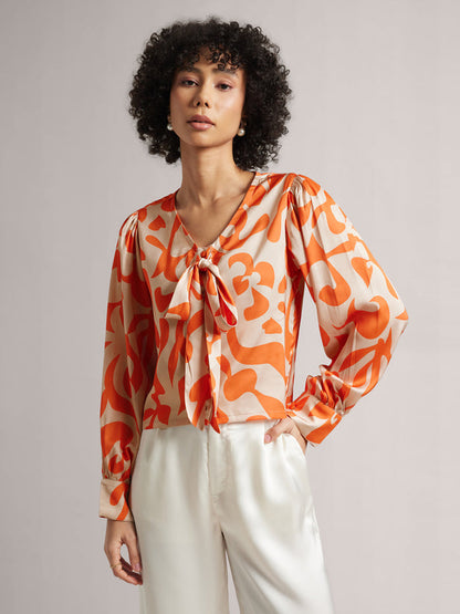 Orange Satin Abstract Regular Summer Top for Women