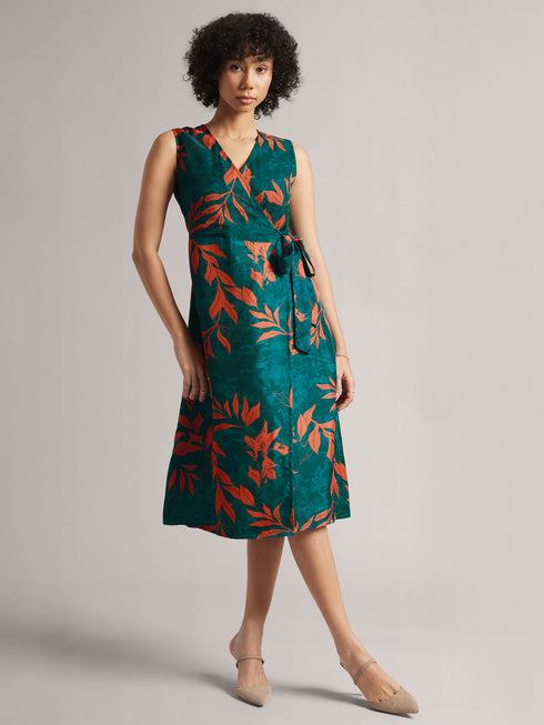 Teal Green Organza Floral Beautiful Wrap Dress