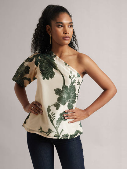 Cream Organza Floral One Shoulder Summer Top