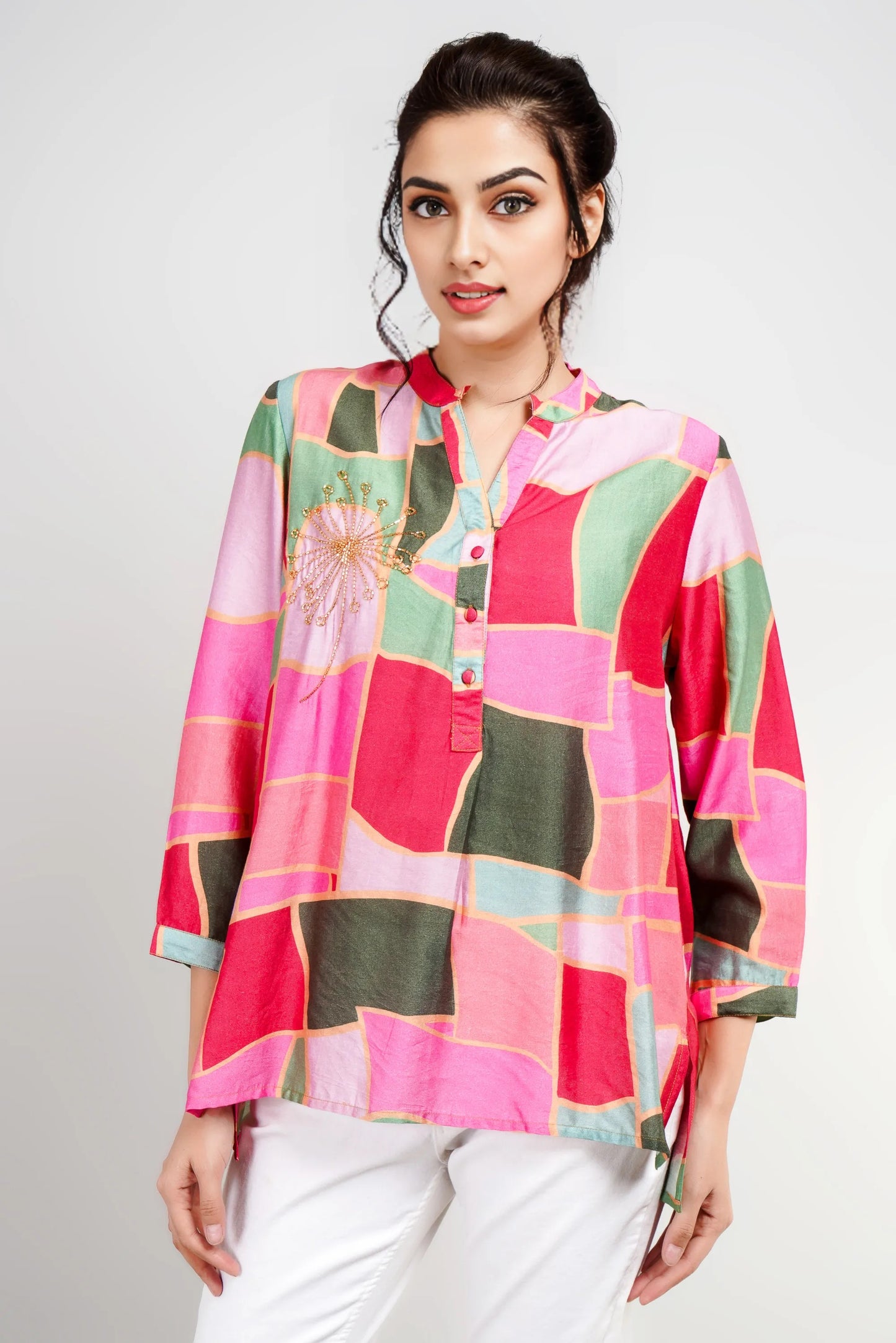 Bright Multicolored Buttoned Shirt with Embroidery for a cool casual look